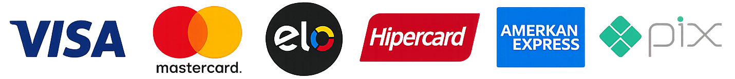 Formas de pagamento: Visa, Mastercard, Elo, Hipercard, American Express e Pix