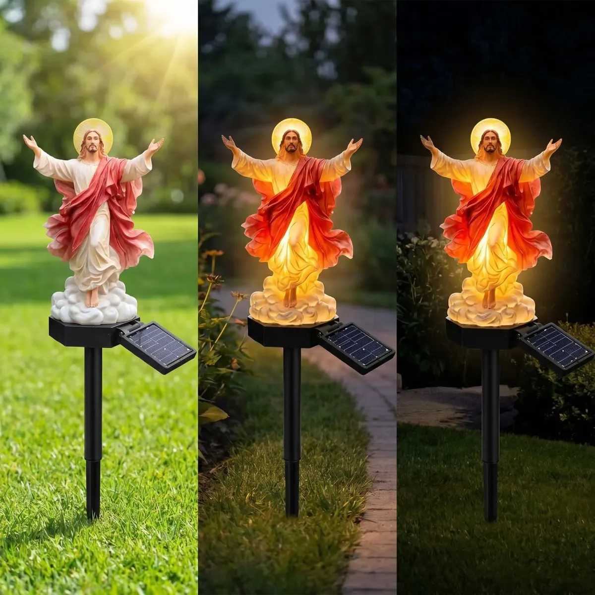 Escultura iluminada de Jesus com painel solar em três momentos do dia